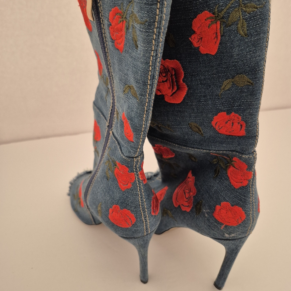 AKIRA Romantic Red Rose Embroidered Denim Booties - Picture 5 of 5